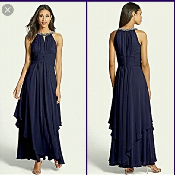 Eliza J Embellished Tiered Chiffon Halter Gown Dress in White - Picture 4 of 16